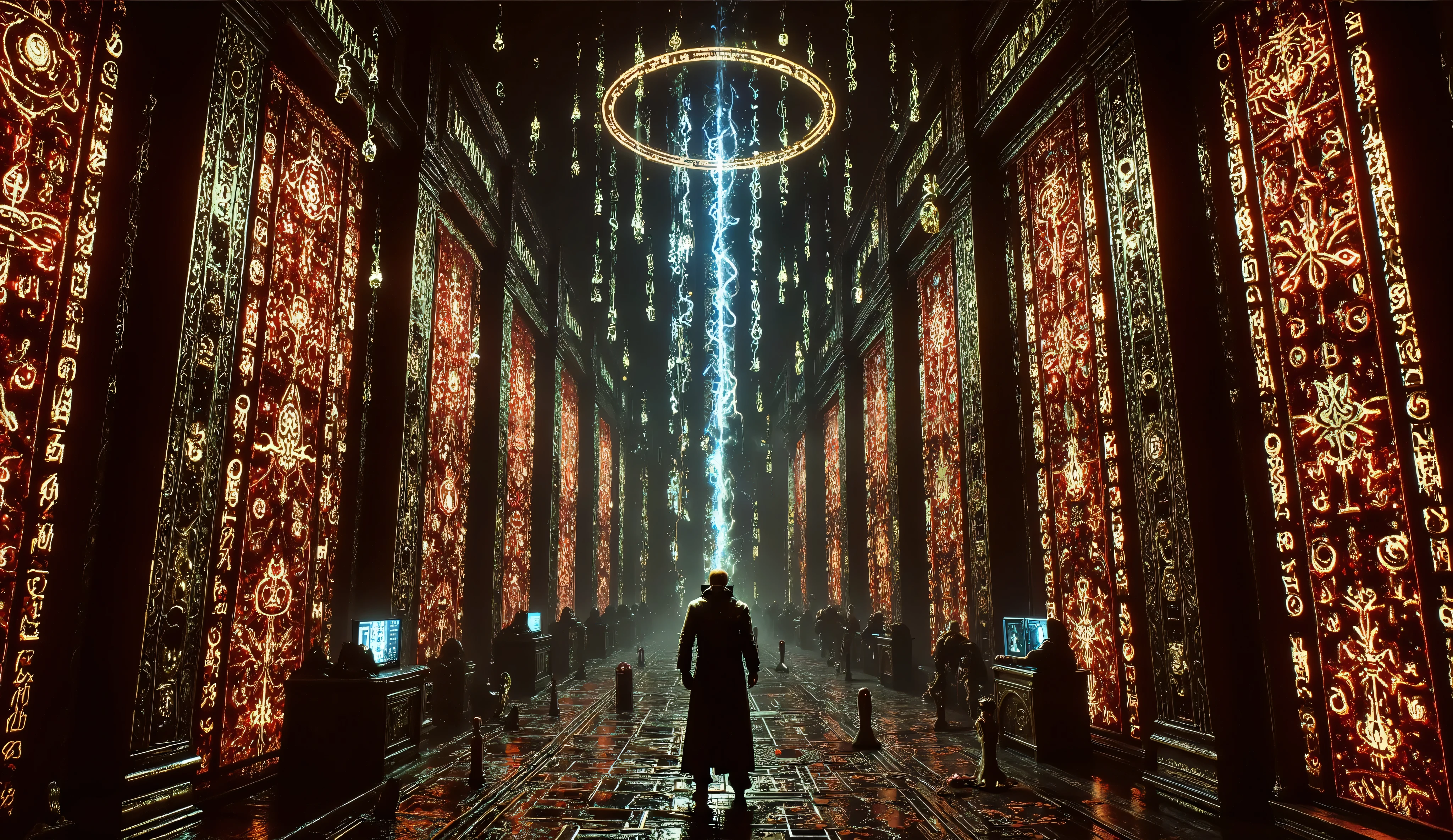 Ancient-tech wizard channeling power from a levitating digital tablet, surrounded by orbiting runes and enchanted circuits, glowing binary streams and magical glyphs filling the air, lightning flaring outside vibrant stained glass, cyber-fantasy concept painting, deep reds and electric blues, ultra-detailed, high-quality render.