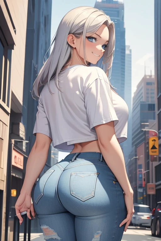 (8K, Raw photography, top-quality, masterpiece:1.2) Anime style, 1 girl, cute, a smile, long silky white hair, cat ears, denim mini shorts, nice butt、perfect buttocks, (hip focus:1.3) hip is cocked, buttock emphasis, bending forward, very wide hips, denim mini shorts, view from back, looking back
