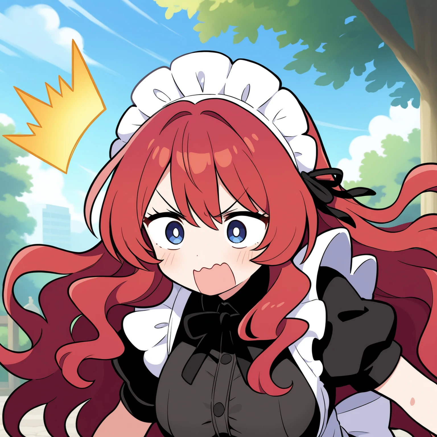 Beautiful Girl maid red hair long hair wavy hair with a graceful expression punch fight