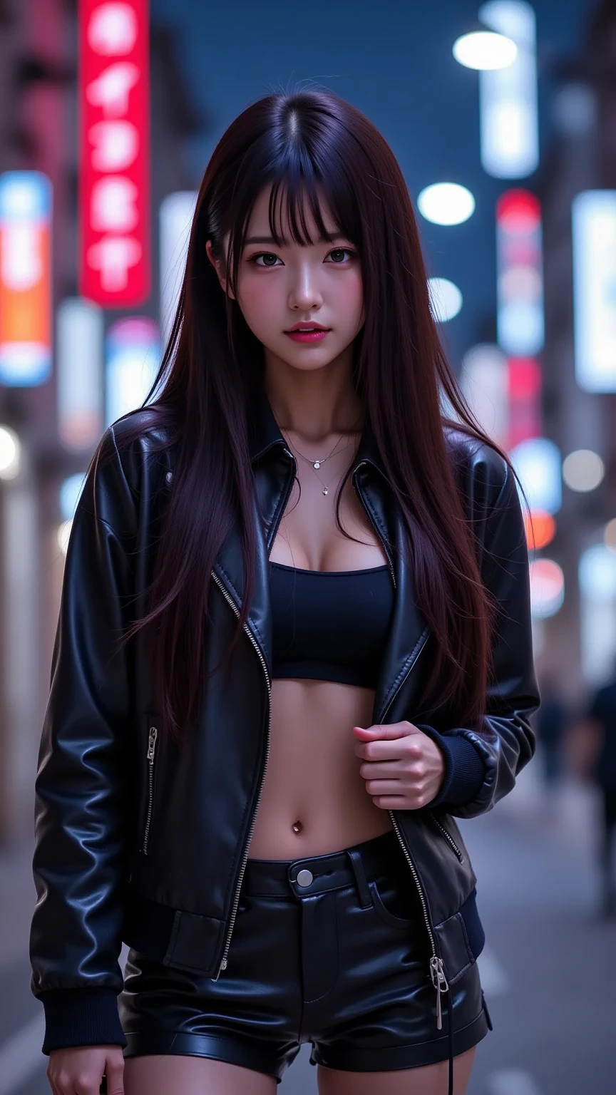 One girl,masterpiece, (8K, Highest quality, masterpiece:1.2),Very detailed,Super detailed,Master Class,Highest quality,figure,hair_between_eye,Perfect lighting, Cowboy Shot, CV16,Black jacket
