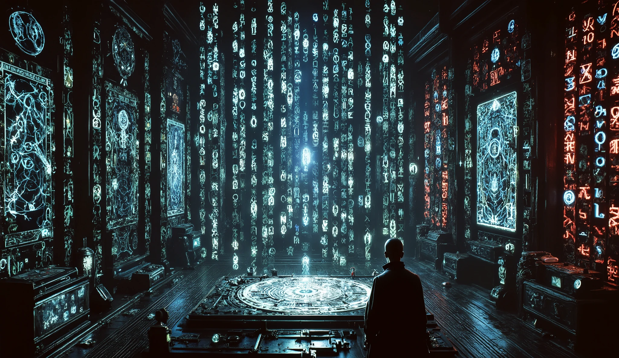 Powerful sorceress inside a high-tech arcane chamber, casting an ancient spell through a luminous futuristic tablet, surrounded by floating binary code and glowing runes, stained glass windows crackling with lightning, detailed digital painting, ambient cyber-fantasy style, by Greg Rutkowski and Artgerm, glowing electric blue and deep blood red hues, ultra quality, cinematic masterpiece.