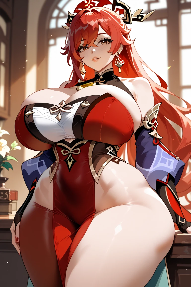 {best quality},{highly detailed},{ultra-detailed},masterpiece,1girl,solo,(red eyes),((long red hair),(((beautiful girl))),(Dragon image),Red armor,There are thick dragon horns on the head,(((A haughty smile))),anger,Full body