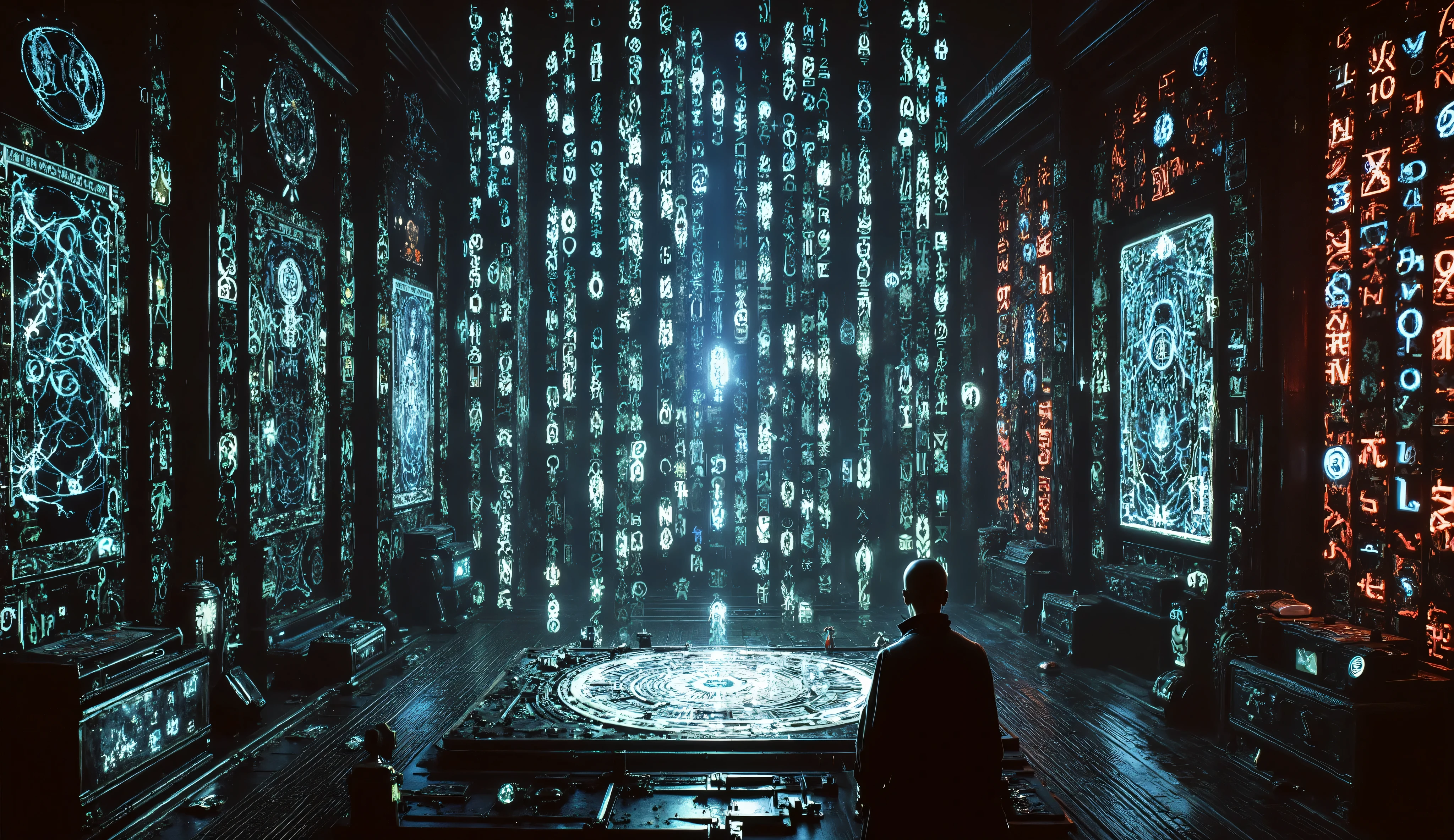 Powerful sorceress inside a high-tech arcane chamber, casting an ancient spell through a luminous futuristic tablet, surrounded by floating binary code and glowing runes, stained glass windows crackling with lightning, detailed digital painting, ambient cyber-fantasy style, by Greg Rutkowski and Artgerm, glowing electric blue and deep blood red hues, ultra quality, cinematic masterpiece.