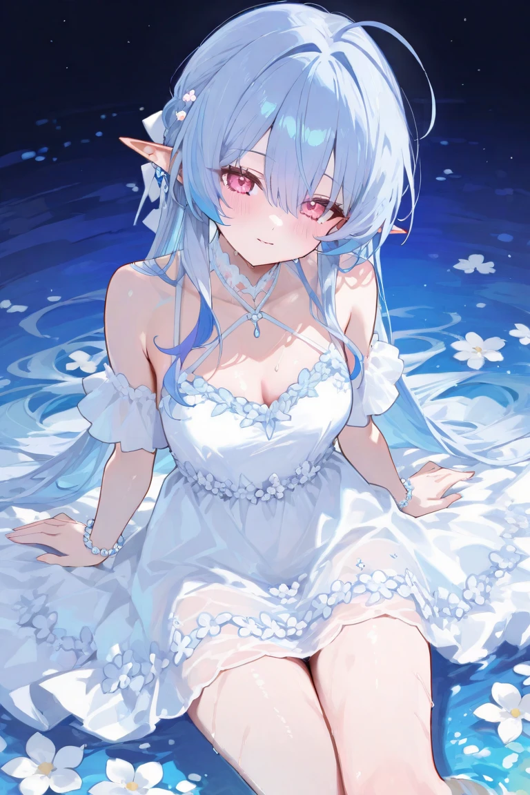 Girl, flat chest, white dress with frills, short black hair, forehead exposed, black gooey tentacles, white flowerfield, blood moon