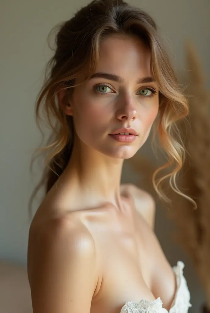 "A European woman in her mid-20s with fair skin, light brown hair flowing in soft waves, and striking green eyes, she is not using clothes. She is naked standing in a softly lit room with a warm, inviting atmosphere. The background features elegant, minimalist decor with soft, neutral tones, enhancing the overall aesthetic."