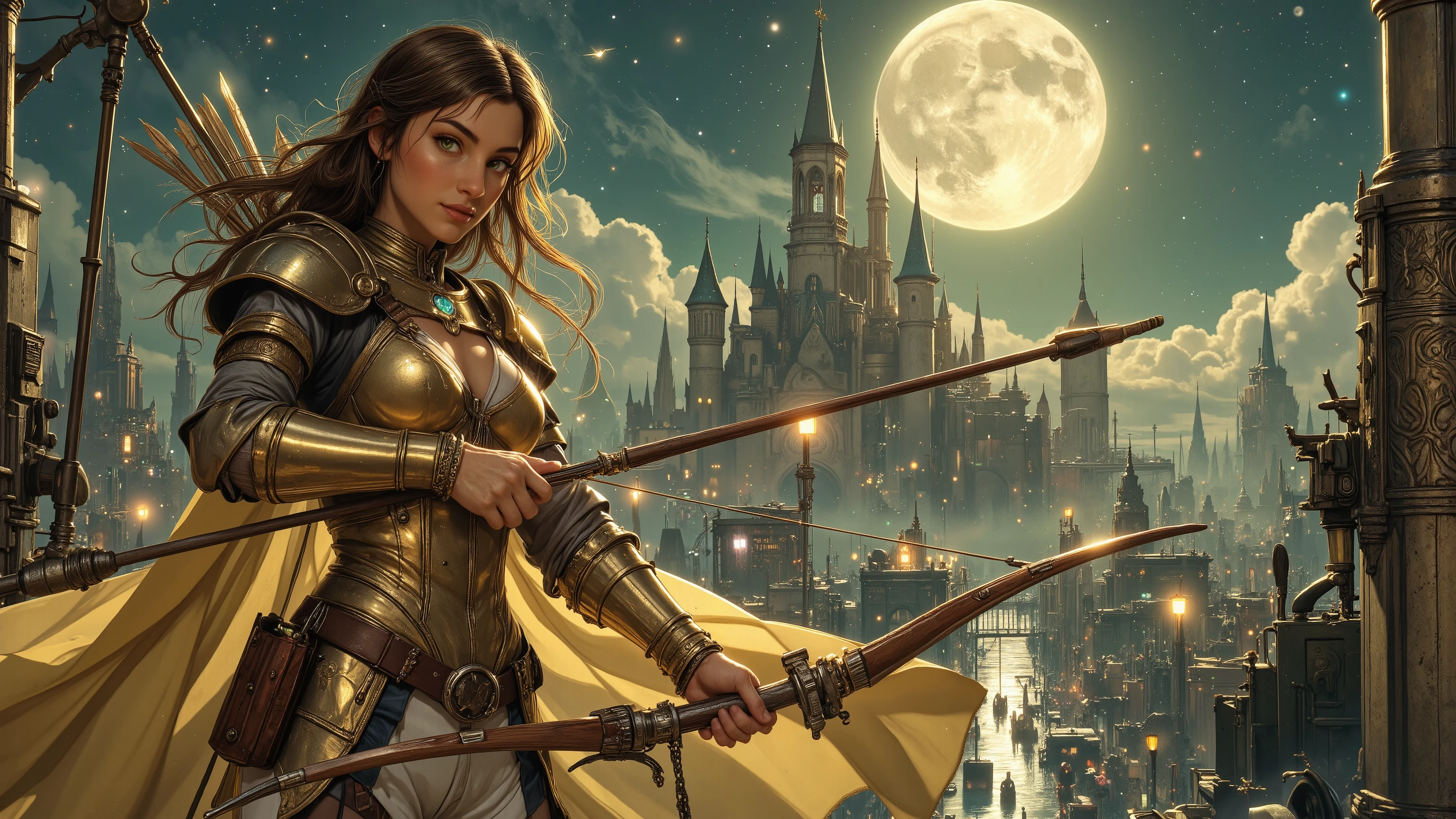 (Masterpiece, award winning, UHD, 16K, HDR, DSLR, photorealistic, very detailed), (Theme of knights of the zodiac, charismatic, there is a girl at the top of the city, wearing a golden gold armor Sagittarius knight, she is a superhero), full body, green eyes, fighting pose, armed with a longbow, show of strength, sandy urban environment, cityscape, night, (dynamic lights), (full moon)