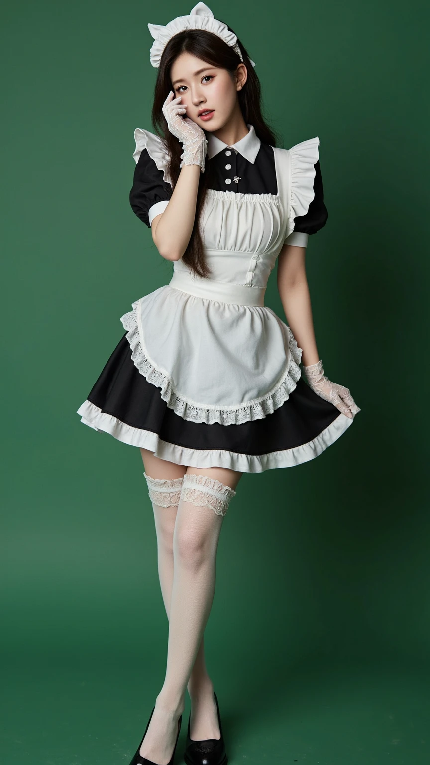 beautiful Asian girl, cute, young, ( girl Full body :1.7) small limbs, big breasts, double d cup, embarrassed face, big ribbon on head, thin lolita fashion, Thin maid clothes, white stockings frills, clothes with lots of ribbons, thin frilly clothes, (Pure white panties), black boots, choker, highest quality, masterpiece, High resolution, 4k, high resolution, Photoreal:1.4, symmetrical eyes, whole body, fold your arms behind your back, Angle from below, flower garden