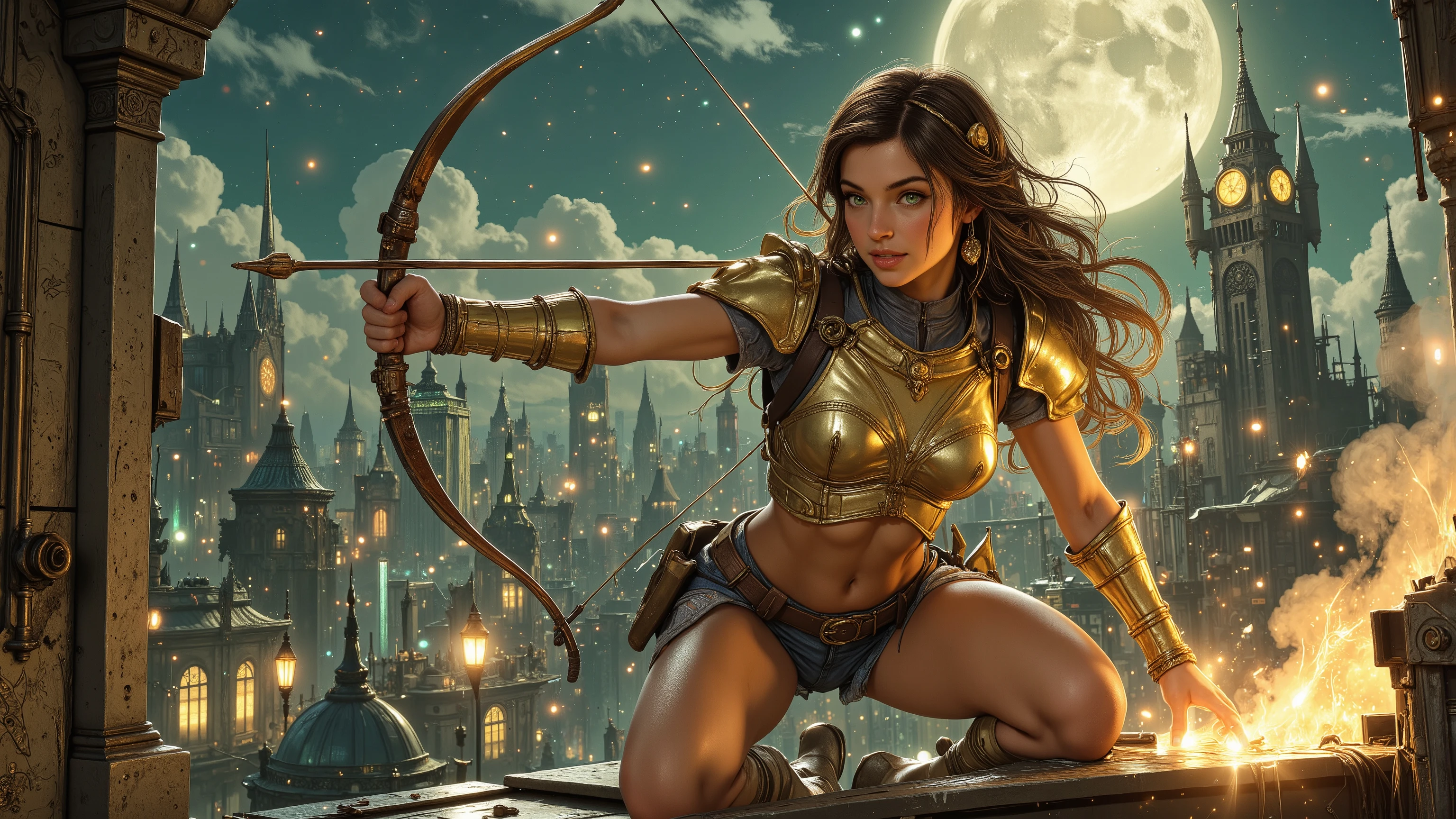 (Masterpiece, award winning, UHD, 16K, HDR, DSLR, photorealistic, very detailed), (Theme of knights of the zodiac, charismatic, there is a girl at the top of the city, wearing a golden gold armor Sagittarius knight, she is a superhero), full body, green eyes, fighting pose, armed with a longbow, show of strength, sandy urban environment, cityscape, night, (dynamic lights), (full moon)