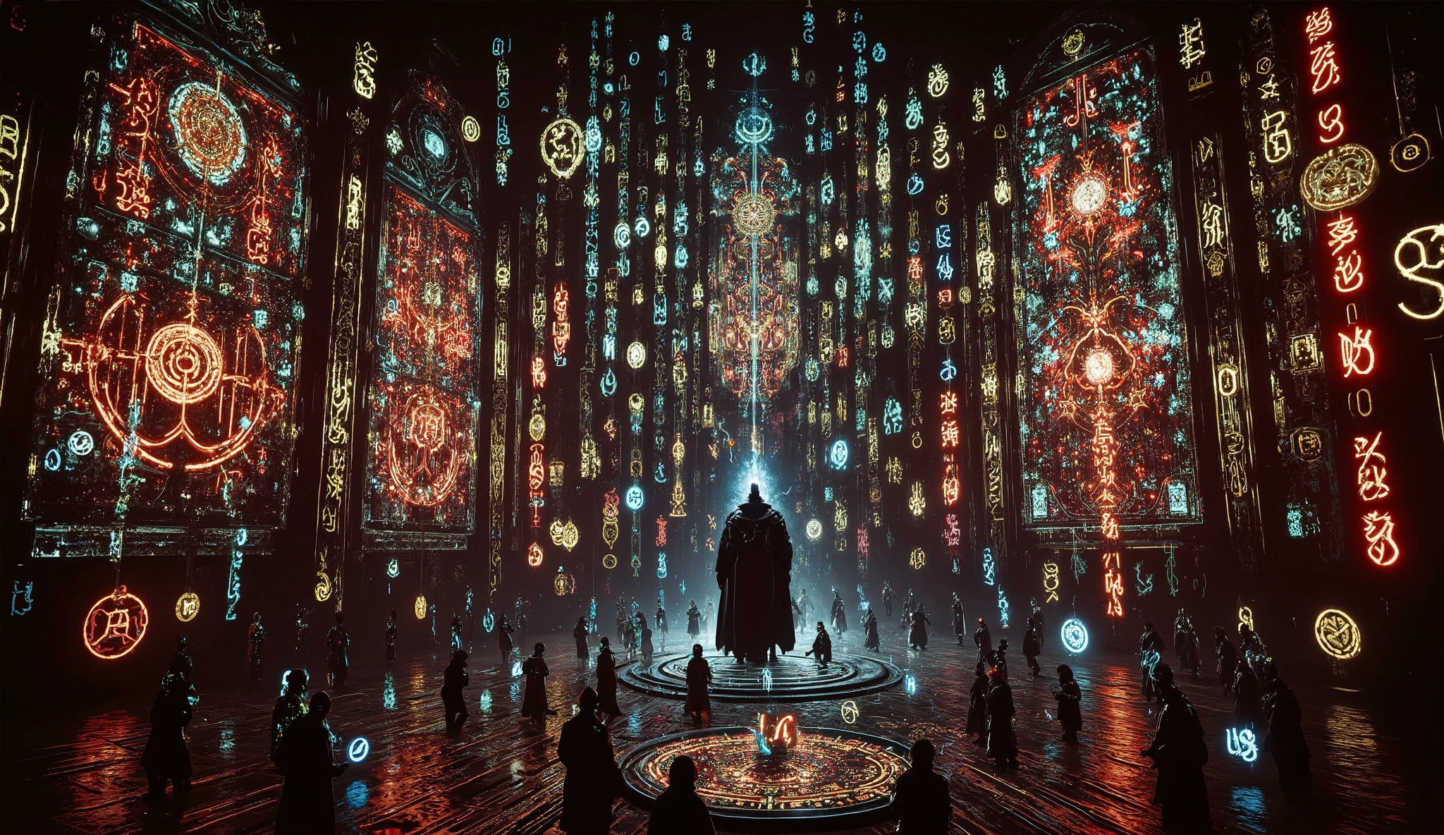 Ancient-tech wizard channeling power from a levitating digital tablet, surrounded by orbiting runes and enchanted circuits, glowing binary streams and magical glyphs filling the air, lightning flaring outside vibrant stained glass, cyber-fantasy concept painting, deep reds and electric blues, ultra-detailed, high-quality render.