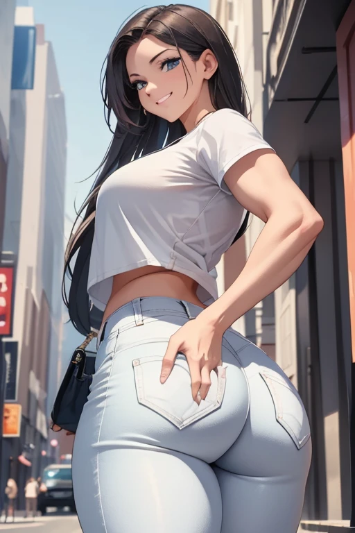 (Obra maestra, La mejor calidad:1.2),  giga giganta,Kagura (Senran Kagura), 1girl, ASS, vaqueros, denim, solamente, pants, Cabello largo, senos, Looking back, Muslos, ojos azules, muslos gruesos, Mirando al espectador, They are smiling, from the rear, enorme, cabello negro, desde abajo, camisa, Camisa verde, apretado, senos grandes, manga corta, Uniforme de empleado, dentro, Small Town,from foor pov looking at the horizon where a gigantic girl,girl fills the entire shy, horizon curvature,ikaruga senran kagura, attack city