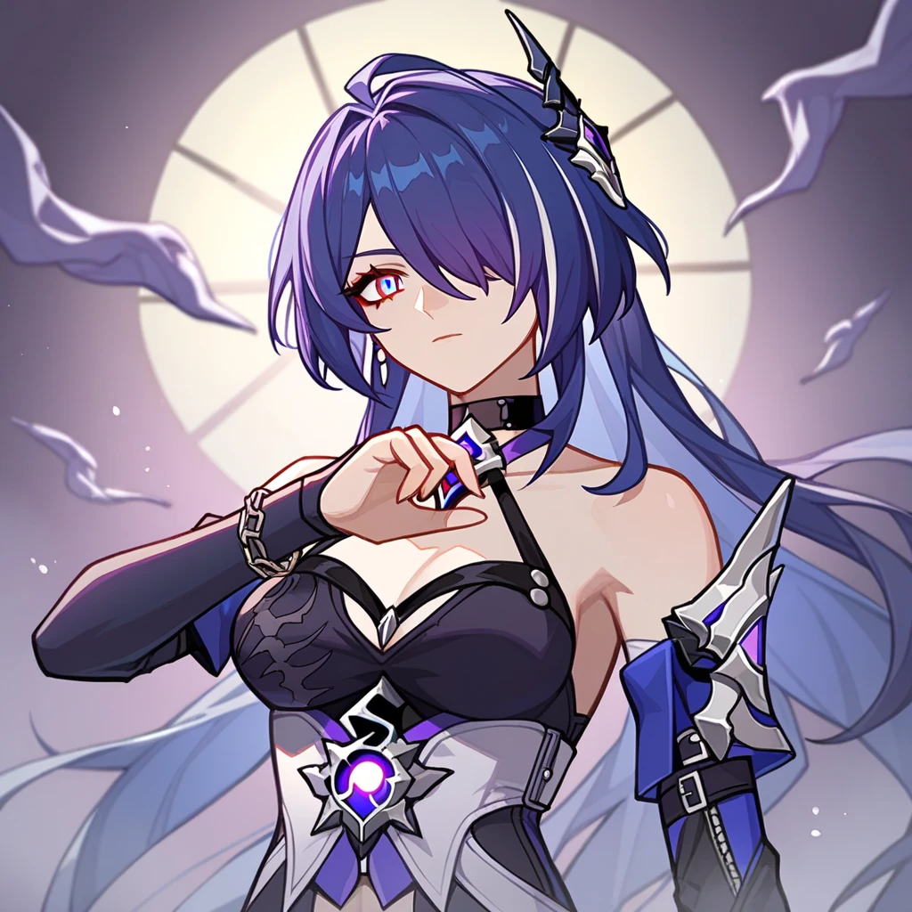 space witch, a mystical being with a dark and enchanting presence. She has long, flowing hair that resembles the night sky, with stars and galaxies twinkling within it. Her attire is a combination of celestial robes and intricate armor, adorned with intricate cosmic symbols. She holds a staff with a glowing crystal at its tip, emanating a mysterious energy. The scene is set in a nebula-filled universe, with swirling colors and distant planets. The witch exudes power and wisdom, casting spells and harnessing the forces of the cosmos. (Mystical:1.2, cosmic lighting:1.3, celestial elements:1.2), sitting on a throne, smilling darkly, holding a scythe, blood dripping down her mouth.