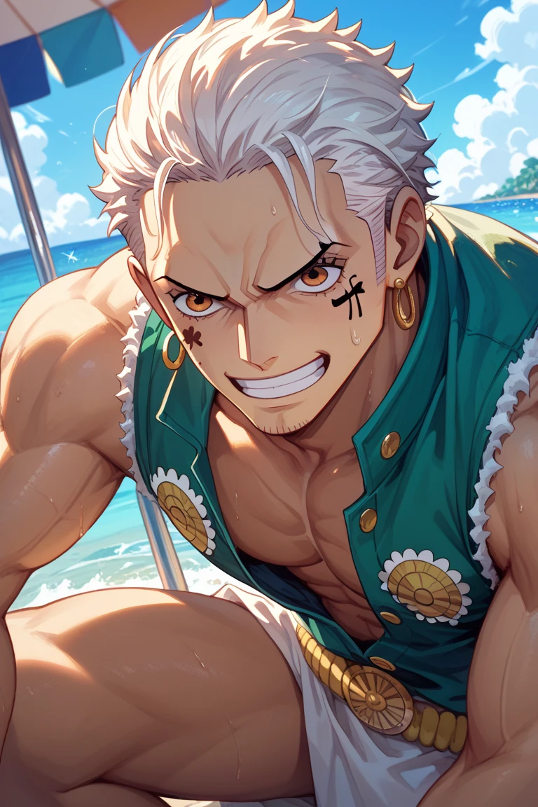 green hair, man, muscle, loincloth, top half naked, anime, embarrassed, blush, top half undressed, naked above the waist, beach, nose blush, sweat, place both hands on the groin area of the body,