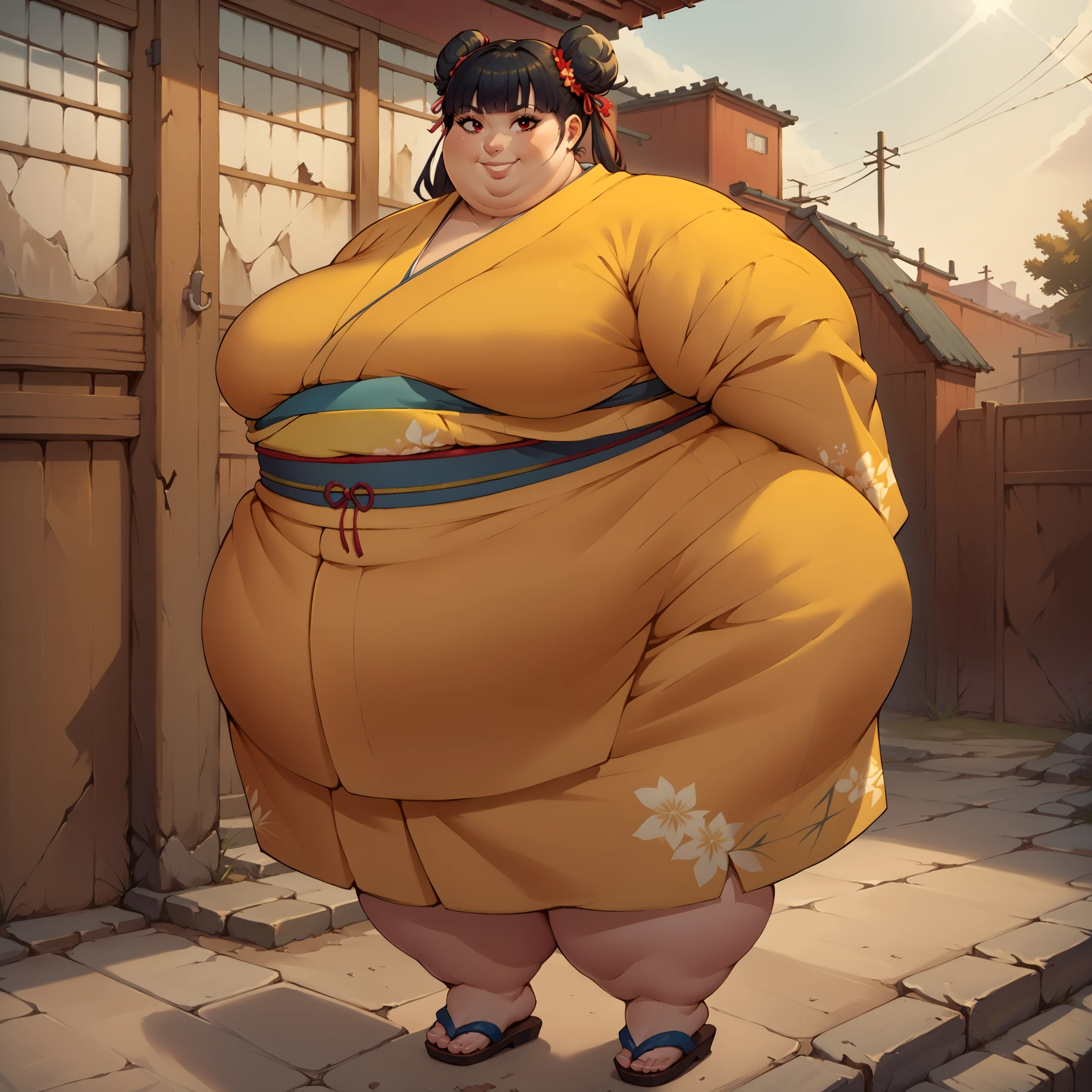 score_9, score_8_up, score_7_up, score_6_up, score_5_up, score_4_up, BREAK, source_anime,
1girl, black hair, blunt bangs, double bun, long hair, red eyes, twin tails, breasts
kimono, sandals, SSBBW, fat, 500 lbs.,
hands behind back, smile, full body, looking at viewer, solo, outdoors, wasteland
