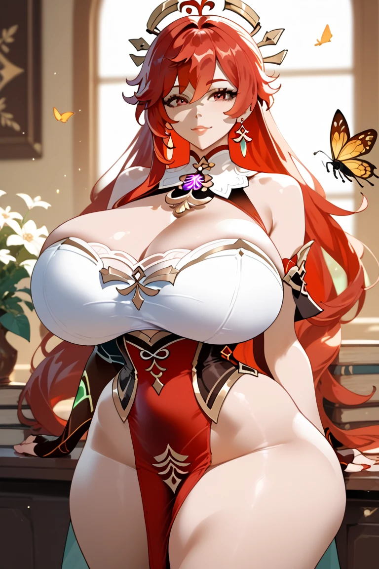mature female, mom, milf, 40 year old woman, ((bimbo))), ((very dark skin)), elf ears, very long red hair, straight hair, long ponytail, (((thick lips:1.2))), (((puffy lips))), puckered lips, smile, parted lips, pink lips, makeup, thick eyeliner, eyeshadow, tall, average waist, (((wide hips))), (((huge thighs:1.2))), (huge ass), ((gigantic breasts:1.3)), (cleavage), navel, (chubby), (fat), tall, oily breasts, harem outfit, ((lace)), thighhighs, arm gloves, (big hoop earrings), necklace, bracelets, tiara, indoors, arabian architecture, pillows, blankets, (sexy pose), hip and thigh focus, (sweating), oily breasts, realistic lighting, head tilt, long painted nails, dutch angle