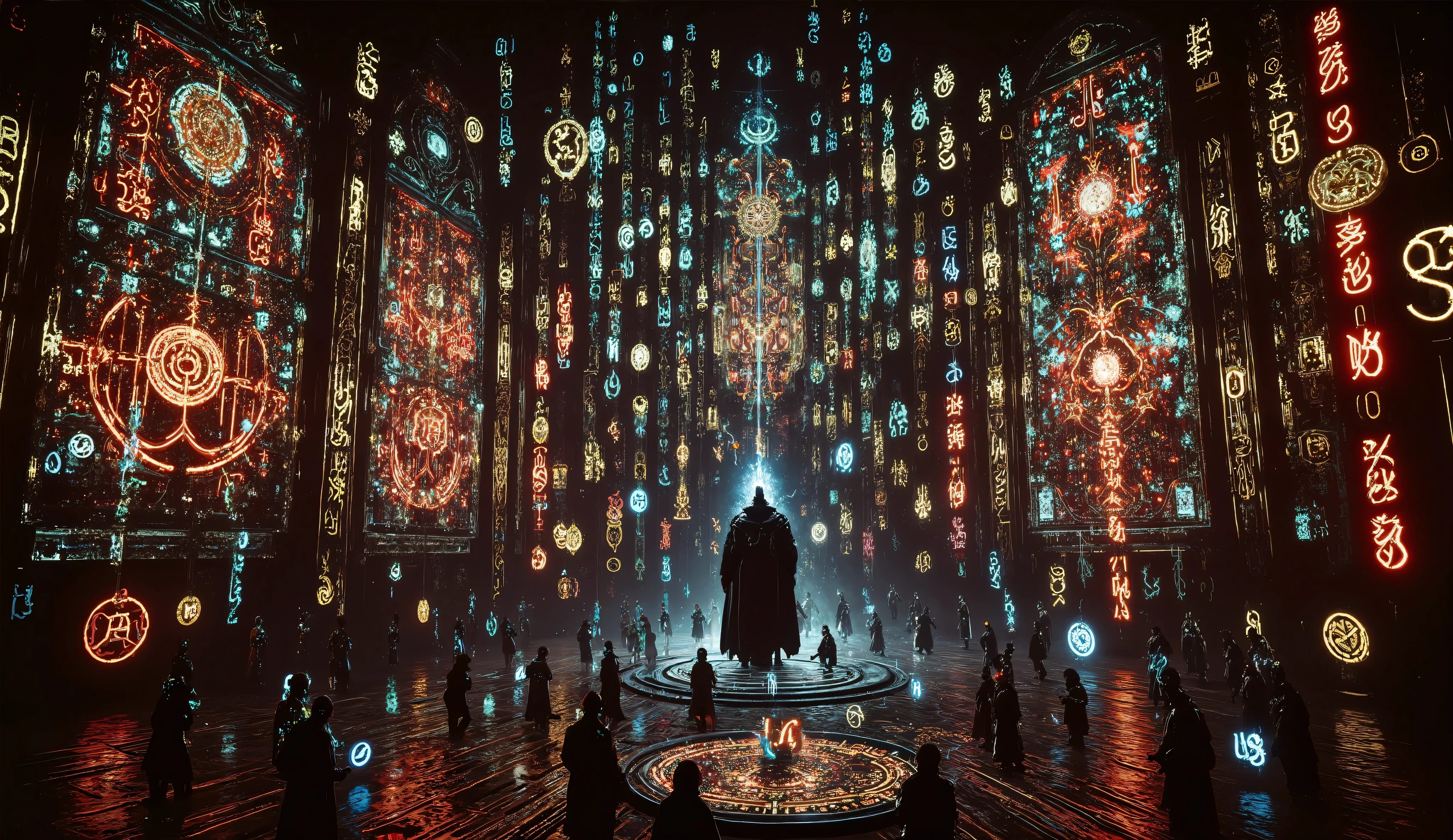 Ancient-tech wizard channeling power from a levitating digital tablet, surrounded by orbiting runes and enchanted circuits, glowing binary streams and magical glyphs filling the air, lightning flaring outside vibrant stained glass, cyber-fantasy concept painting, deep reds and electric blues, ultra-detailed, high-quality render.