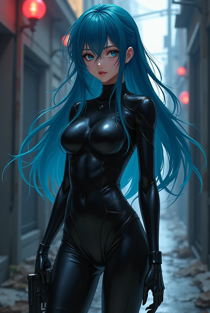 (((Masterpiece))), best quality, ultra-detailed CG unity 8k wallpaper, (1person:1.3), woman, black emo scene hair, perfect piecing blue eyes, full body black and blue spider man suit