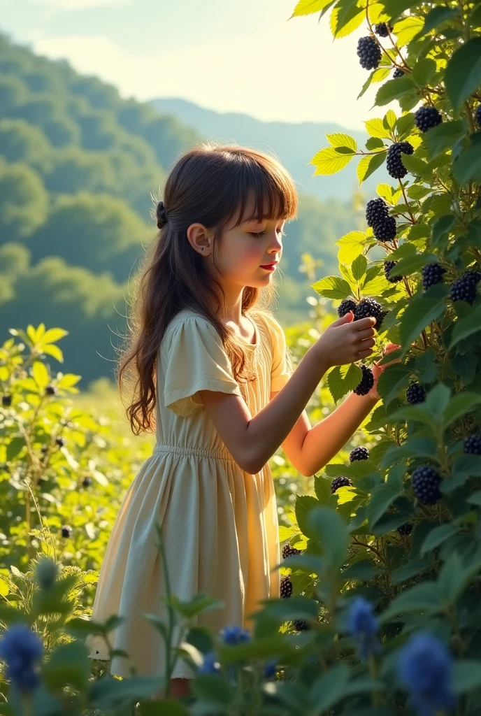 A girl in white picks berries in the forest