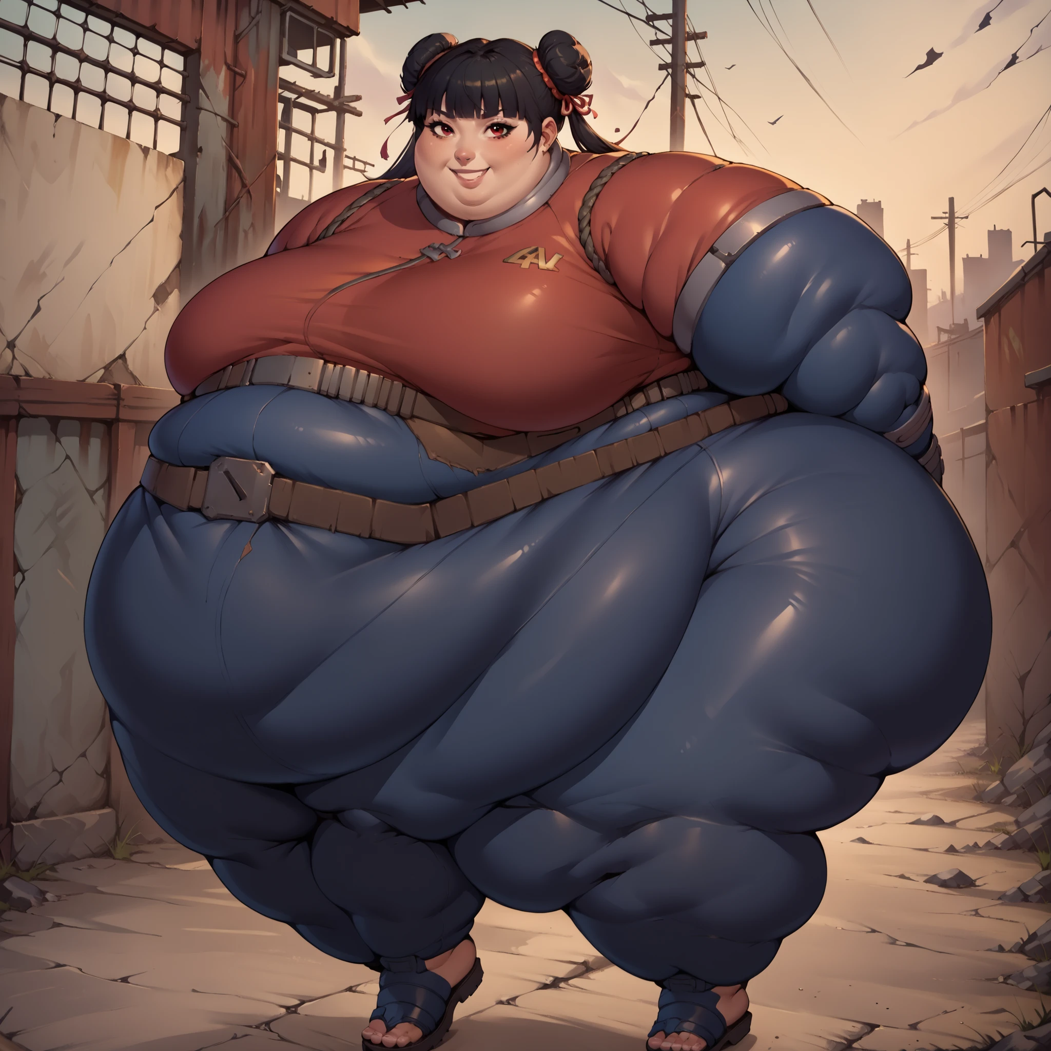score_9, score_8_up, score_7_up, score_6_up, score_5_up, score_4_up, BREAK, source_anime,
1girl, black hair, blunt bangs, double bun, long hair, red eyes, twin tails, breasts
bodysuit, sandals, SSBBW, fat, 500 lbs.,
hands behind back, smile, full body, looking at viewer, solo, outdoors, wasteland