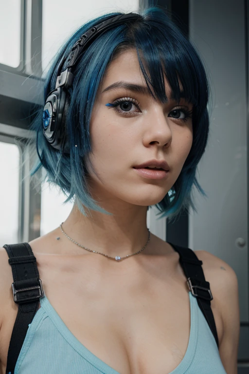 Woman 20 Years Old Nordic Ethnicity, Short blue hair with a perfect face and light freckles, Blue-Green Eyes, ((on stage)), (((DJane))), headphones, cyberpunk, stage light, neon light, party light, rave, high quality, realistic, photorealistic, 8k, ultra-detailed, masterpiece, cinematic lighting, action, ((( very dynamic pose))), half body, ((wearing a funky ((( black T-Shirt with Punk Print)))) and Hotpants))