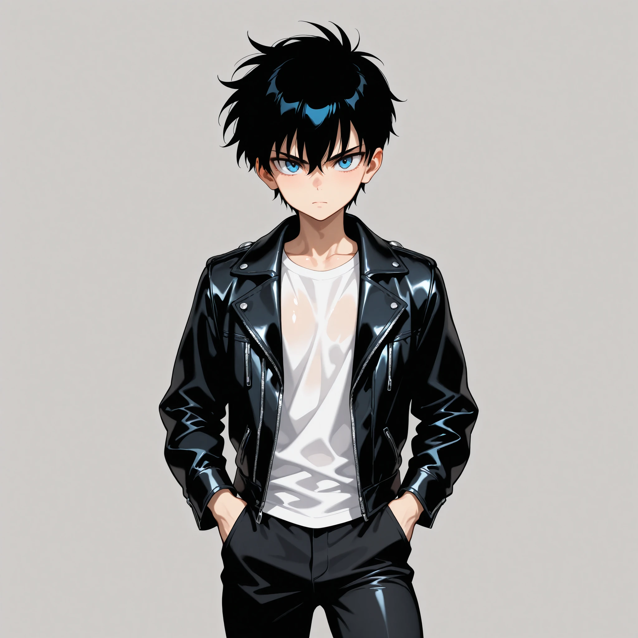 masterpiece, best quality, amazing quality, very aesthetic, absurdres, high res, shiny skin, diives, 1man, short messy black hair, blue eyes, muscular body, slim, black leather jacket, white t-shirt, black pants, serious, hands on pockets, standing, looking at viewer, simple background, from the front view, shiny skin, high res