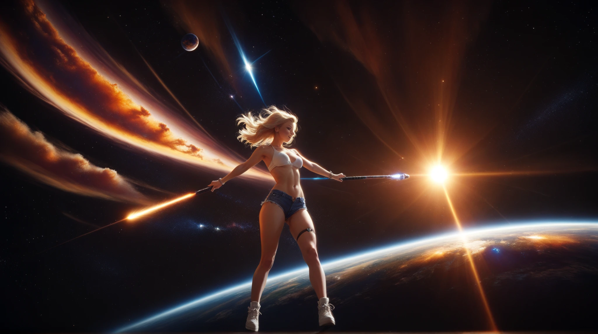 At the top of the mountain and on the edge of the cliff, a muscular blonde woman completely undressed, with huge ass, big breasts and pink nipples, wearing sexy boots, Looking and smiling at the camera, Beautiful feet, showing the whole body. Under the cliff, Four spaceships slowly emerge from the ruins of a desolate city built in the desert, Going to the stars, cinematic lighting, melhorar, anáglifo, optical illusion, From  above, atmospheric perspective, ultra HD, 8K.