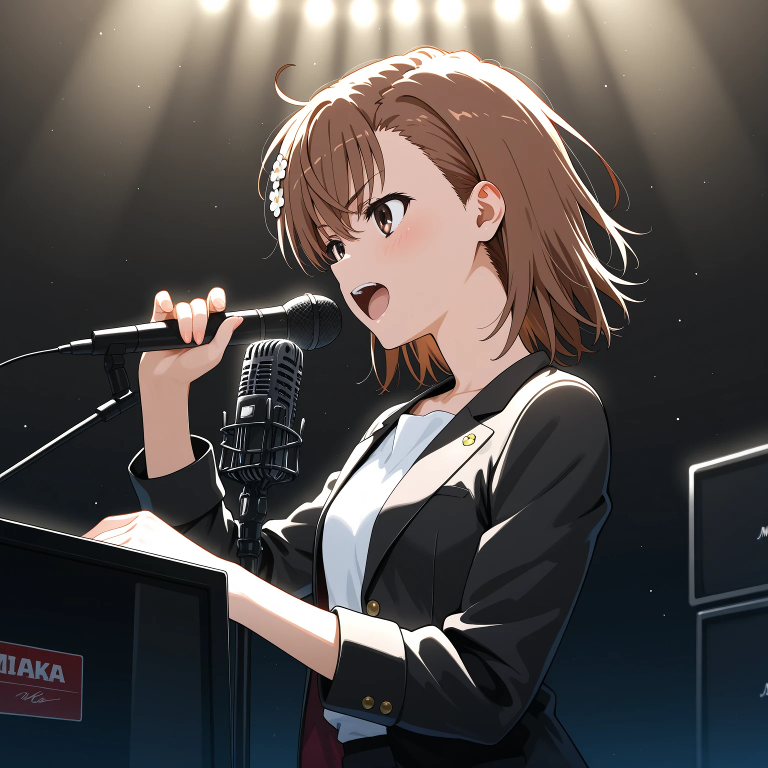 masterpiece, best quality, Super detailed, illustration,, Entertainment Pavilion, Solitary, microphone, earphone, Practical, Brown hair, shirt, cable, white shirt, From the back, microphone, microphone stand,