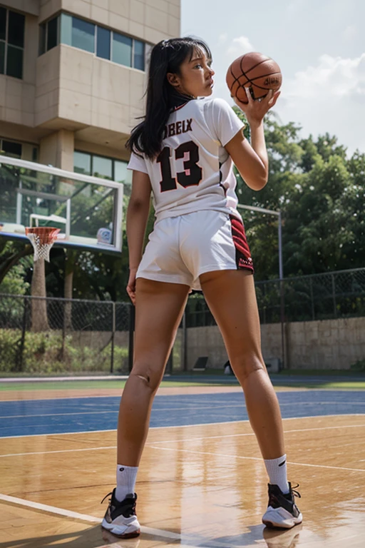 Beautiful brown skin woman, she has brunette layered short hair, she is wearing basketball jersey, she is a basketball player, thick thighs, big butt