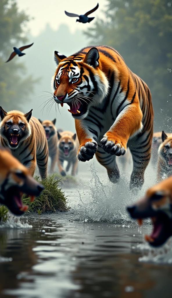 A dramatic, hyper-realistic digital painting of a powerful tiger ...
