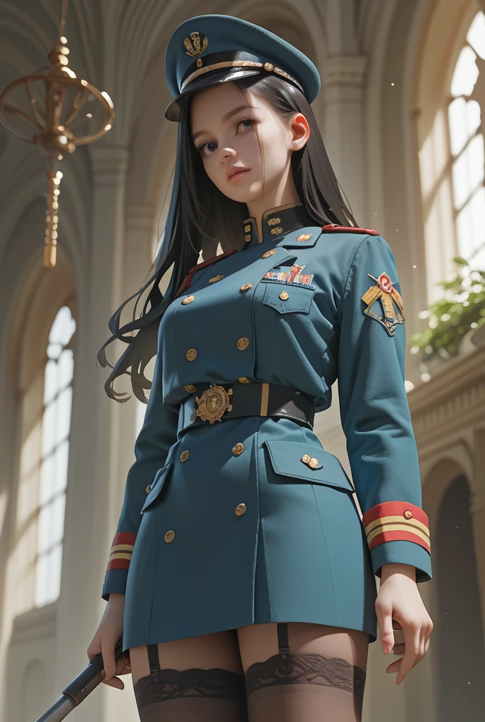 Modest outfit, remote shot, detailed beautiful delicate face, detailed beautiful delicate eyes, perfect facial proportions, high-definition skin, fine skin, four-inch best ratio. With one thumb, a masterpiece, highly detailed, realistic, (World War II German general uniform reference : 1.8), the highest face resolution, adult, modestly dressed woman, dressed entirely, ( small, black hair, black straight bangs, super fine braids, straight bangs, red glasses, dark green eyes), future, science fiction, fighter plane, standing On the landing of a fighter plane, the government agency, a deep intelligent personality, a calm expression, a respectful face, a war, a fighter plane