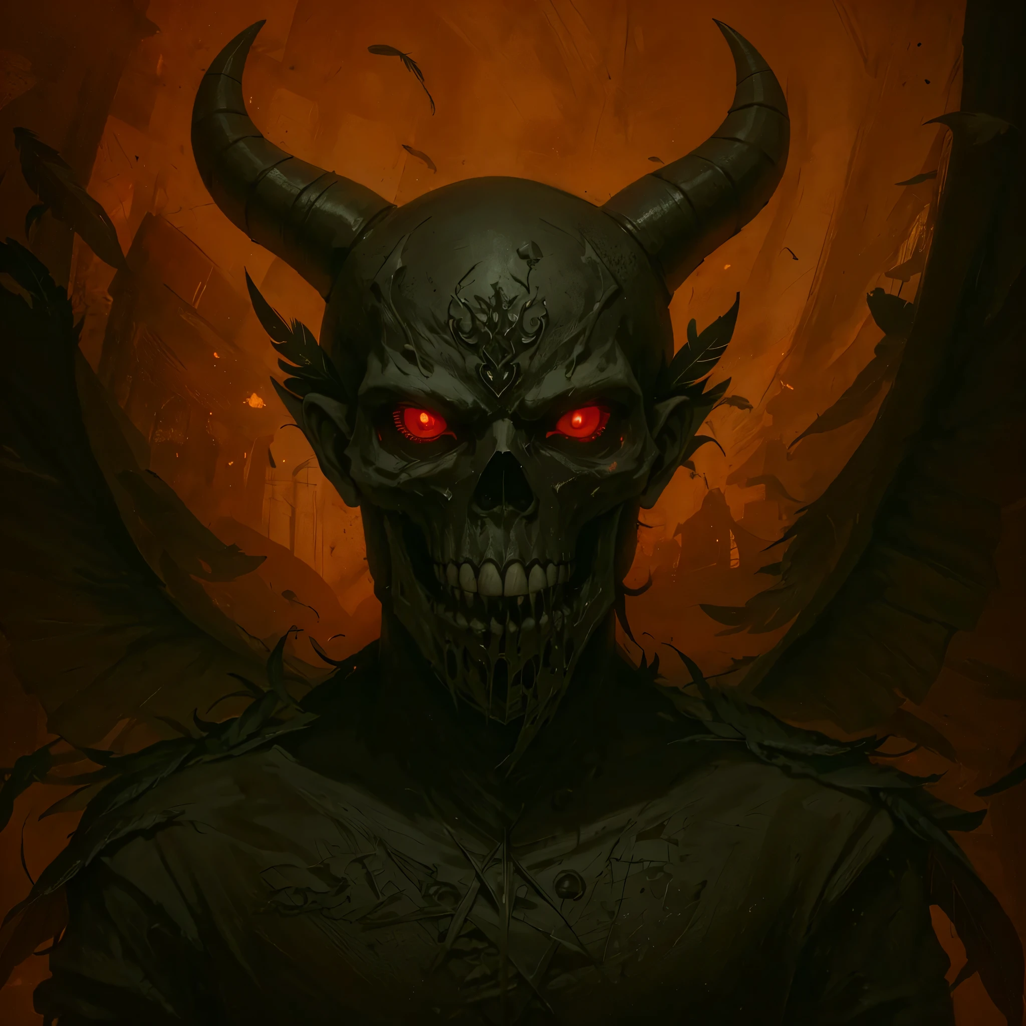 Create an image with a DARK theme featuring a skull surrounded by red gargoyles flying within a playing card. The card has white borders and golden letters. The skull and gargoyles should be depicted in a dark and eerie style, contrasting against the light background of the card.