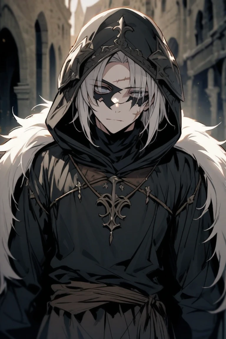 Anime character. A man, he was medieval. 27 years old, large body, cold gaze, cold expression, white skin, short and messy gray hair, ponytail, left eye patch, black clothes, black shirt, dark cape with hood, several chains. frontal camera. Walking under the red moonlight. White electricity emanating from his body, black electricity emanating from his left hand. Iris of the right eye glowing white. Thunderous white lightning. (best quality, 4k, 8k, high resolution, masterpiece: 1.2)