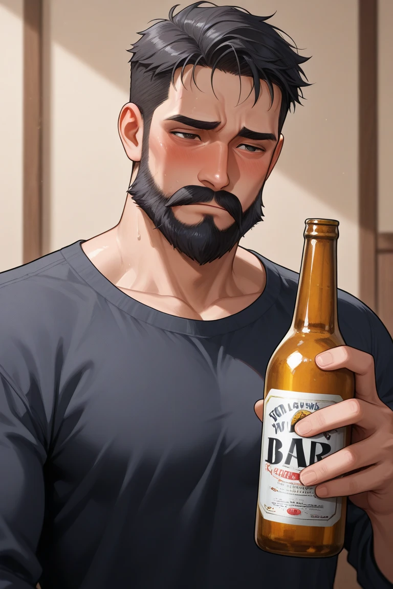 Only plump, chubby, extremely thick thighs, large belly, fat, age 45, bearded, usando apenas sunga branca,((Fios de Cabelos cor preto)) he is holding a glass of drinks, he is holding a glass of drink, he is holding a bottle of drink, he is holding a mug of choop.