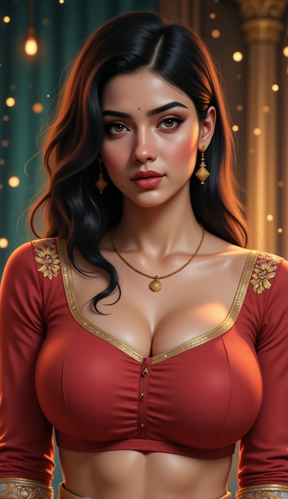 realistic portrait of a beautiful mature indian woman, intricate jhumka earrings, extremely detailed alluring eyes, smooth red lips, seductive smile, colorful bangles, blue ribbon, saggy breasts, photorealistic, 8k, high quality, masterpiece, cinematic lighting, vibrant colors, intricate details, messy hair, frock, kitchen