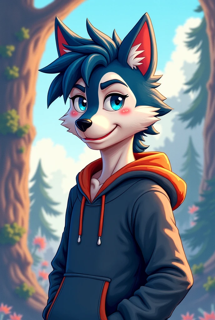 (Best quality: 1), (Super high resolution: 1), antrum, male wolf with red fur, short black hair, brown eyes, blue T-shirt and tight blue pants in the park, sitting on a picnic towel, soft lighting, solo, alone, no group, no double, small bulge