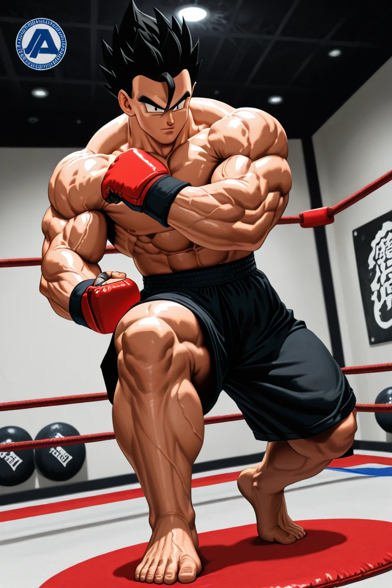 (Eine detaillierte Zeichnung von red mit roter basecap auf dem Kopf , Bodybuilding-Fitnessstudio.), With a naked torso, oiled body, Ripping clothes, the strongest of all, huge muscular body, big Bizeps, big shoulders, Muskelbeine,Abs, Barefoot, Kampfkunst, hoher Tritt, Full body image, seitliche Brust, Wrestling Kampf gewonnen , beserk
