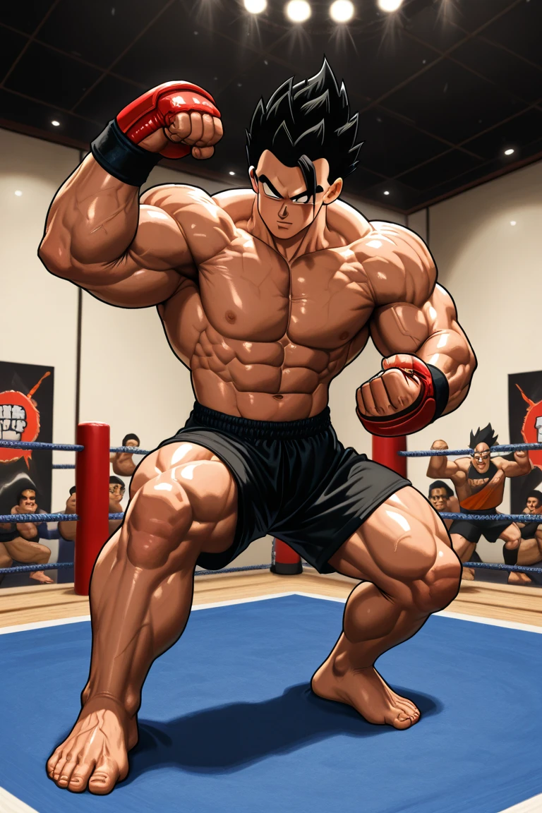 (Eine detaillierte Zeichnung von Rot mit roter Kappe, Ich bin Wrestling-Ring.), With a torso, oiled body, Ripping clothes, the strongest of all, huge muscular body, big Bizeps, big shoulders, muscular pecs, Muskelbeine,Abs, Barefoot, Full body image, Angespanntes Ringen im Ring mit goku als Gegner. dynamische Pose. Red grabs Goku and holds him in a tight grip. Red vs goku. Extrem hartes Wrestling Freestyle-Wrestling im Ring liegend, Extrem brutales, sexy,assic Greco-Roman Prone Wrestling is a TV show, filmisch, realistisch, sexy andscular, Full body posture. Best quality, Sehr detaillierte Computerillustration. dynamische Pose.
