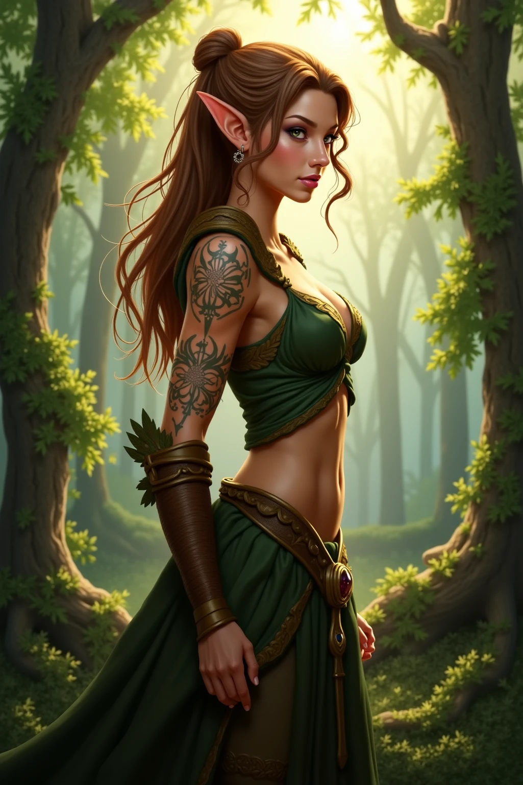 An illustrated movie poster, hand-drawn, full color, a teenage elven girl, wearing a lace bralette and bloomer shorts, toned, voluptuous hourglass figure, long pointy elf ears, amber eyes, dark hair, long messy waves, deep sun-tanned skintone, freckles, standing in a sunny olive grove, graphite shading, stencil marks, airbrushed acrylic paint, masterpiece, in the style of the Lord of the Rings