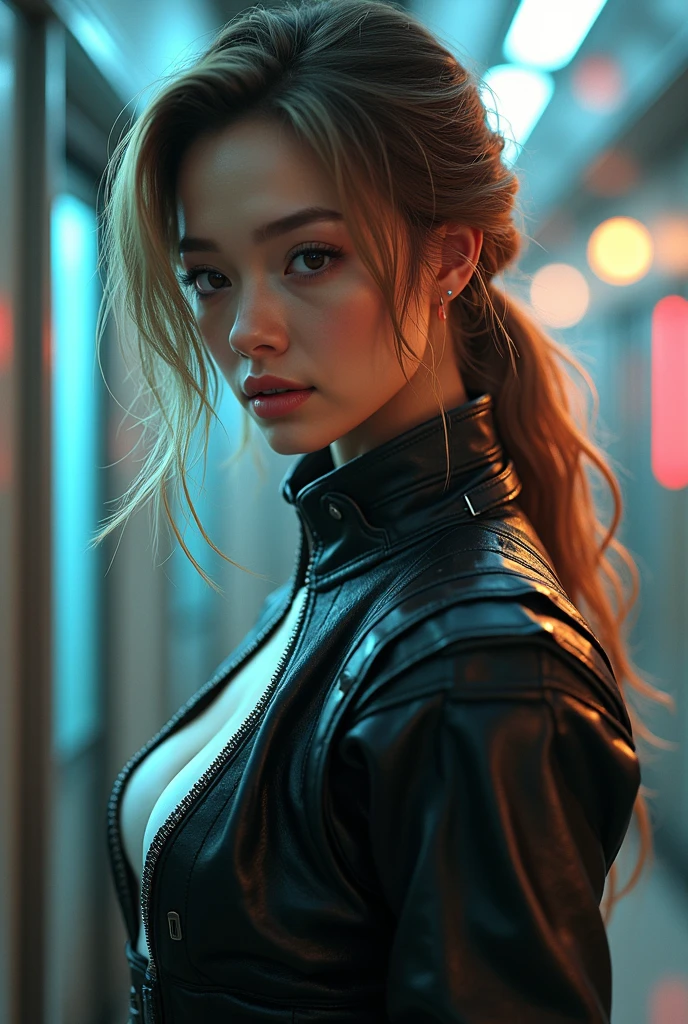 ((masterpiece, best quality, Highest image quality, high resolution, Reality, RAW photos, 8K)), Future city ruins,standing on top of the building,Beautiful girl,Tight leather jacket,Off-shoulder,Large Breasts,Long hair,Black Wings,Pretty face,Closed mouth,dramatic,Mid-range portrait,dusk
