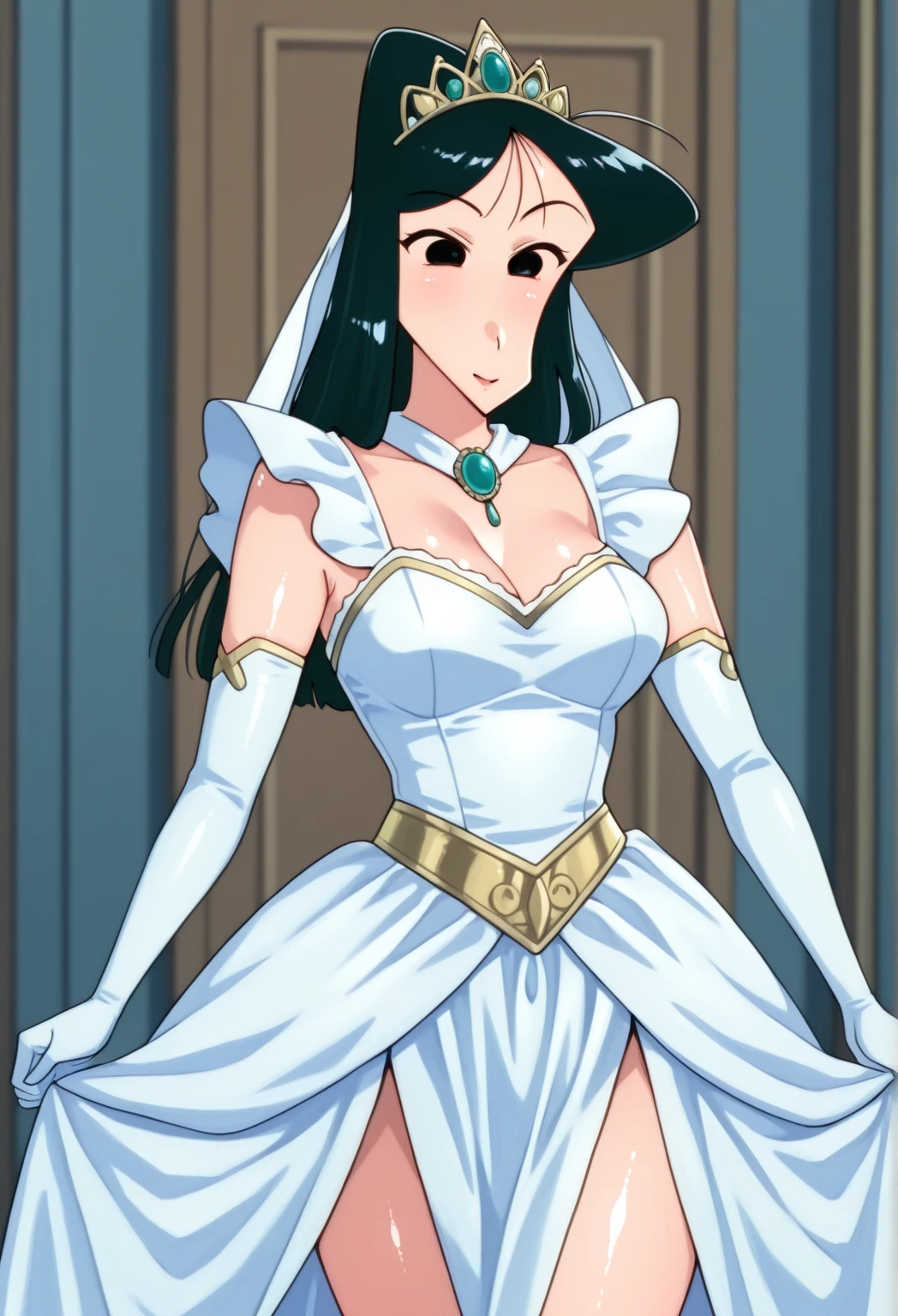 (Highest quality, High resolution, masterpiece:1.2,), figure, night, One girl, whole body, (Wedding dress), Put your arms behind your back, Wait for a kiss, View your viewers, Happy, blush, nsfw,1girls, masterpiece, highest quality, disorganized, retro artstyle, 1980s \(style\)))), look viewer, (Madoka Ayukawa, long hair, NUDE), knee shot, full blush, (((no Panties))),, Take a look here, (((nsfw))), view audience, nsfw, Genitals are visible, (((See here))), nsfw, (Japanese girl showing off genitals:1.1), look viewer, from below, (((a girl naked, from the knees up))), knee-socks,