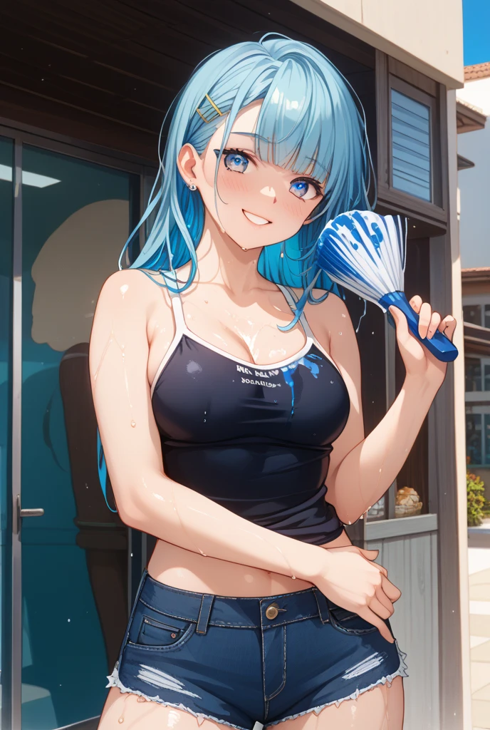 Cornflower art, dreamy, (masterpiece, top quality, perfect anatomy, beautiful face, realistic, super detailed, 1 girl, 18 ears senile, solo, depth of field, canon 24mm lens, f1.4, cute_girl, sailor_ collar, clear facial features, short sleeves, small breasts, slender height, height 150cm, barefoot, double ponytail, bangs, gravure pose, indoor, slouch, Chest gap jungle, blurred background, (Uwabaki: 1.1576)) whole body, clear liquid drips from the crotch, the front of the shirt is exposed, breasts are visible, transparent bra, light blue striped buns, erotic, NSFW movie, strange, beautiful pee, holy water, urine leaks,