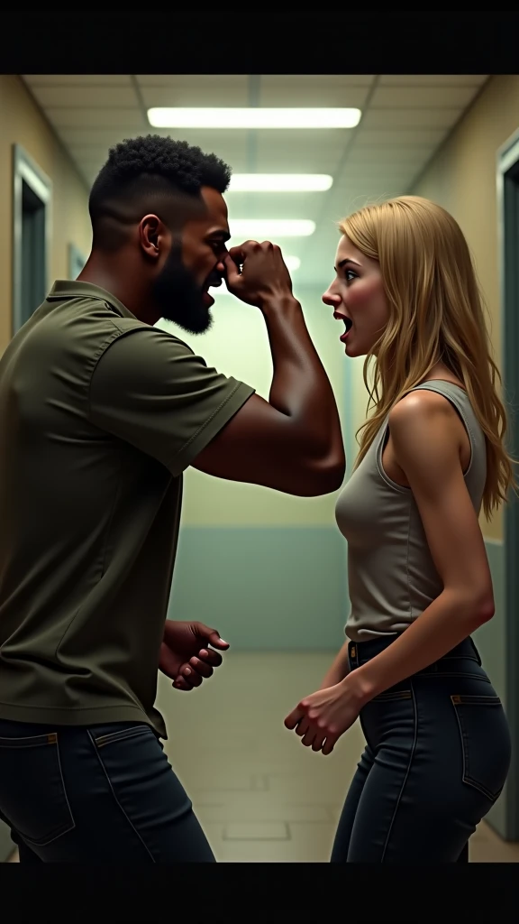 Bald white man telling a blonde woman what she's doing inside a house with a backpack in a zombie apocalypse