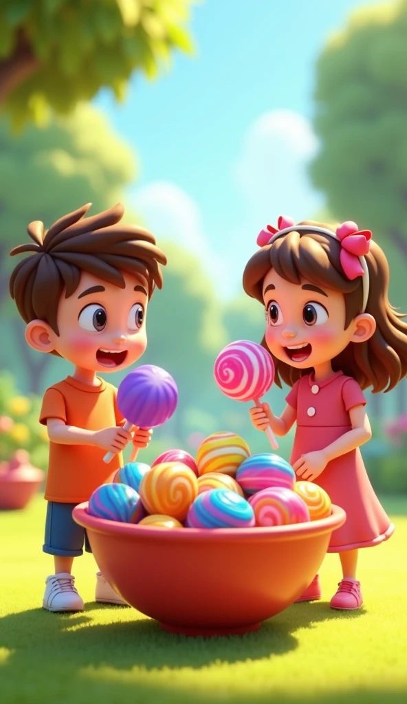 rain of colored candies a happy girl and a rain of chocolate candies and a happy boy