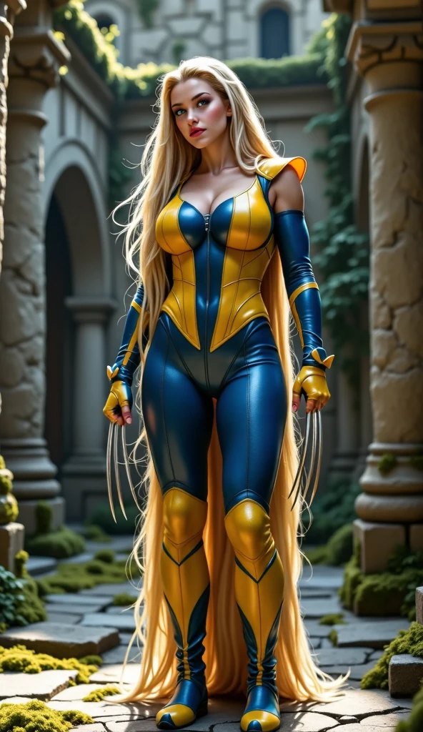 Best quality, comics caracter,super hero,woman,blonde hair,látex Leotard Gold and purple,tights
