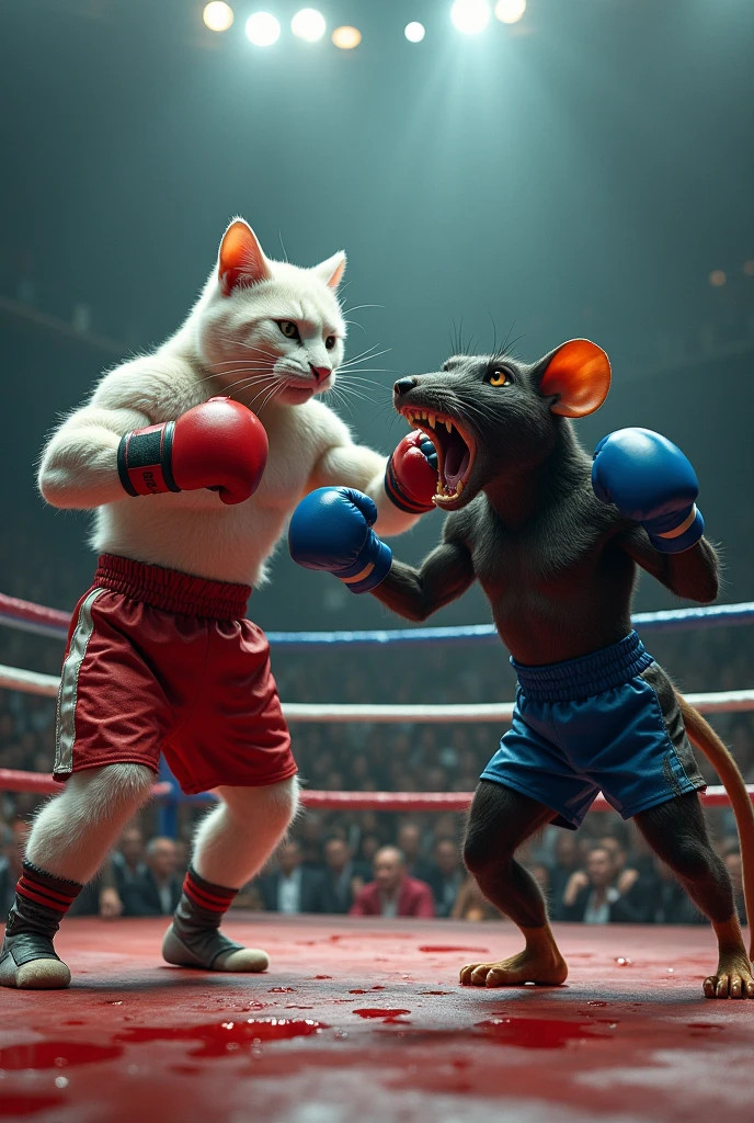 Create a realistic white cat fight with The elephant on the boxing club and cat win the boxing match scrne
