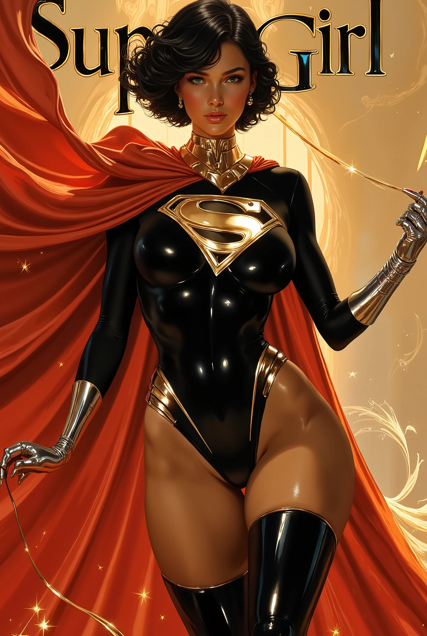 beautiful female sexy Supergirl, (Silver Superman symbol on her chest), short black hair, green eyes, black leotard, black thigh boots , red ca the detailed proportions and textures brushed multicolored and softened with airbrush, a semi-realistic ink illustration, in stark contrast to the character's bright colors and the warm matte colors of the background (highly detailed full body and shy pose, perfect face, innocent look (with eyes emerald shines), thick thighs, round and huge breasts, wide hips, slim and high waist, flat stomach) The character has short black hair and large, expressive eyes. , reminiscent of a classic superhero costume.She also wears silver bracelets The overall style is elegant and refined. The background is a Playboy-like magazine cover with a bold headline reading "SUPERGIRL" which draws attention to the subject and adds depth to the illustration. The illustration is detailed, focusing on the character's fashion and design elements. saturation in the very defined color palettes (color with monochrome shading and bright shades of red 25 % + yellow 25 % + blue 25% + biofluorescent 12.5% + transparencies 12.5%). aesthetic fusion by (fibonacci ratio. a poupée realistic of a  . A young  Woman has pink skin with beige-brows tones that give her contrast and brightness type of character. fluid texture of thin, thin fabric that molds to your figure (her clothes with relief and folds give volume and depth to the character) style. Haute couture photo shoot (with a pose that gives the sensation of movement and energy with shy style). soft focus, highly detailed and sharp, Approaching perfection, full hd 8k, High and low angles. of Milo Manara, Gianni Versace, coco chanel, Alberto Vargas, Greg Rutkowsk art
