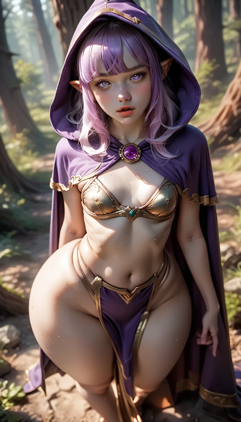 ((best quality)), ((masterpiece)), (detailed), perfect seductive face a beautiful white-toned girl with black and silver hair wearing glasses and tight torn golden clothes, blue eyes, glossy skin. detailed skin, pink lips with a spear in hand a tiara on her head, full body walking in a dense jungle showing her naked pink vagina from the front angle leaning backward
