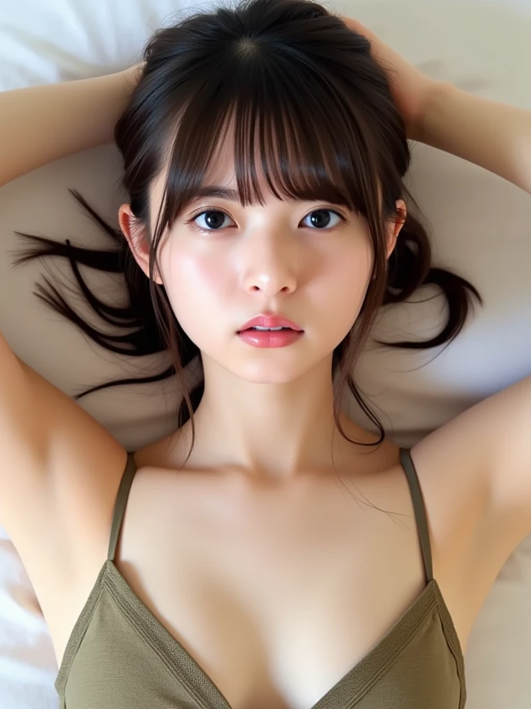 (realistic: 1.2, With the highest quality, In 8K,Wetty:1.3 )、 Sweat: 1.2, Wet:1.3、cleavage、big breasts:1.5、brown hair), fine skin, (movie lighting), soft light, double eyelids quote、sexy、bust up shot、pheromones、lying in bed))(1 girl)、huge breasts、Sunburn、expose one's skin、Sweat muscles、punk t-shirt、fiery idol pose,, junior high school girl, (((huge breasts:1.2)))、