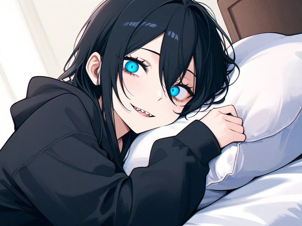 possessed woman, laying down on the bed (dark theme:1.5) prone position, looking back, short straight black hair, wearing kimono, stockings, bang covering one eye, crazy blue eyes, crazy smile, dark atmosphere, (energy flow:1.4), (spell magic:1.2) suggestive (best quality:1.2), (absurdres:1.2), (detailed background)