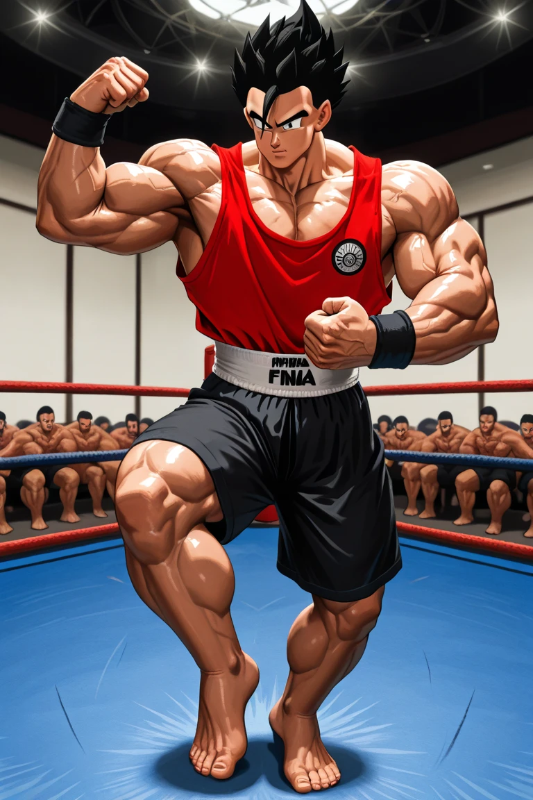 (Eine detaillierte Zeichnung von Hinata, male 15 years old, Bodybuilding-Fitnessstudio.), With a naked torso, oiled body, Ripping clothes, the strongest of all, huge muscular body, big Bizeps, big shoulders, Muskelbeine,Abs, Barefoot, Kampfkunst, hoher Tritt, Full body image, seitliche Brust, Wrestling Kampf gewonnen , beserk 