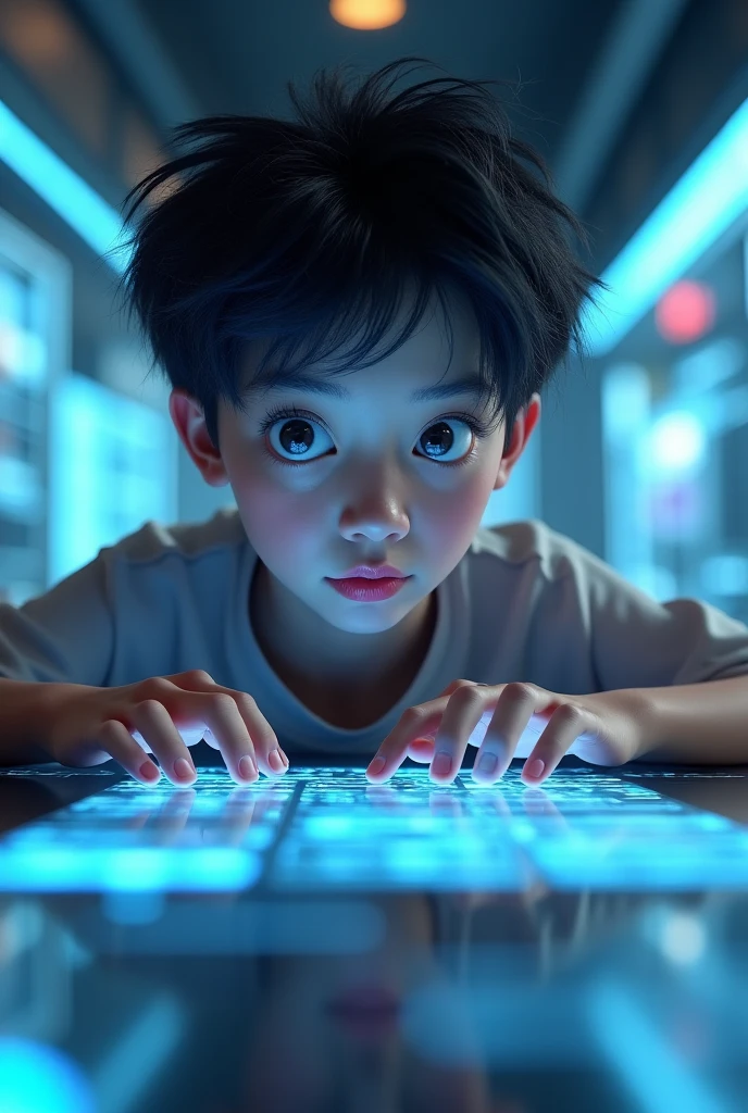I need a drawing of a single large child using technology. Please make the drawings in 3D. I need all the images to have harmony in terms of creation., that they are all of the same style